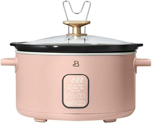 B 6 Qt Programmable Slow Cooker with Digital Timer, 5 Cooking Functions, Removable Ceramic Pot, Tempered Glass Lid, Dishwasher Safe (Rose)
