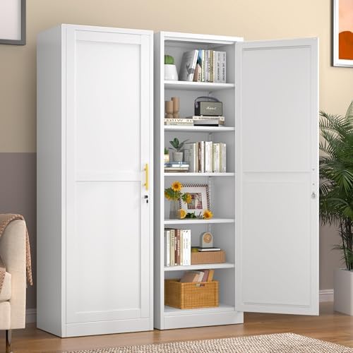 Tall Metal Narrow Bathroom Storage Locker Cabinet 67" H, Black Kitchen Pantry Cabinets,File Cabinet Organizer with 5 Adjustable Shelves and Lockable Doors for Kitchen Home Office Living Dining Room