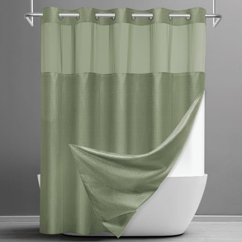 No Hook Waffle Shower Curtain with Snap in Liner Set, 71x86, Sage Green