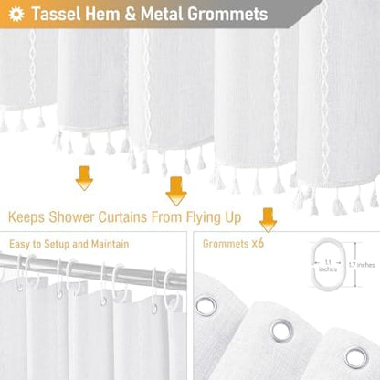 BTTN Small Boho Linen Heavy Duty Cloth Shower Curtain Set, 36x72, White