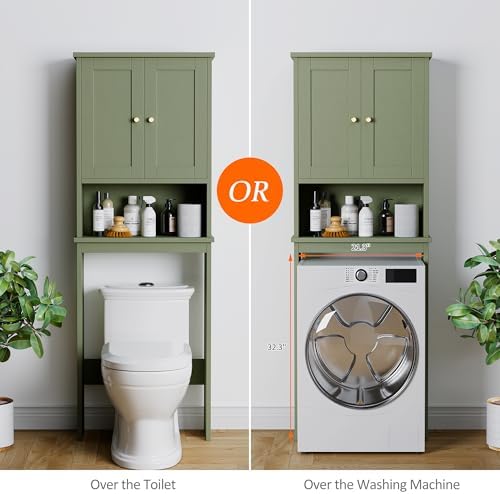 Over the Toilet Storage Cabinet for Bathroom, Storage Organizer Over Toilet, Space Saver with Tempered Glass Doors, Green