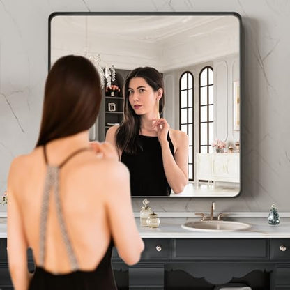 LOAAO 28X32 Inch Black Metal Framed Bathroom Mirror for Wall
