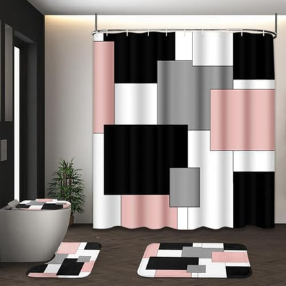 Bathroom Sets with Shower Curtain and Rugs, 4 Pcs, Geometric Pink