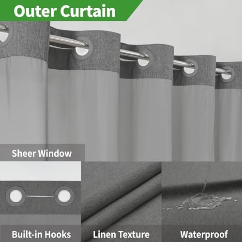 eachope No Hook Fabric Shower Curtain with Snap-in Liner,71x74Charcoal Grey