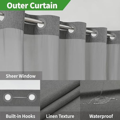eachope No Hook Fabric Shower Curtain with Snap-in Liner,71x74Charcoal Grey