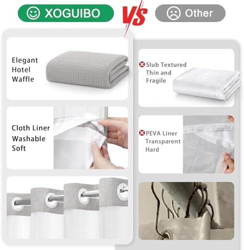 No Hook Shower Curtain with Liner Set Hotel Waffle Light Grey 72W X 81L