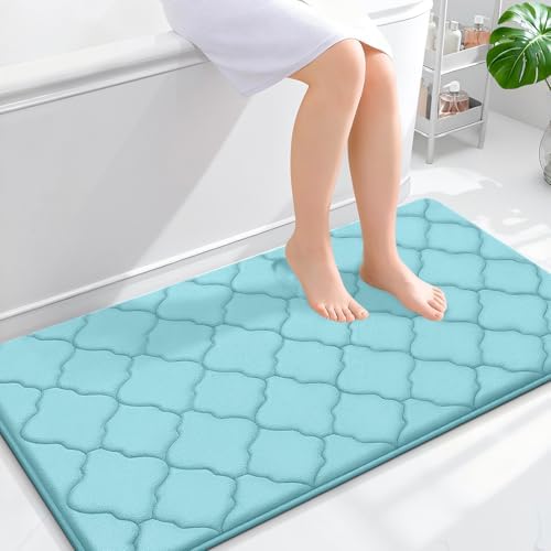 OLANLY Memory Foam Bath Mat Rug 44x24, Ultra Soft Bathroom Rugs, Sky Blue