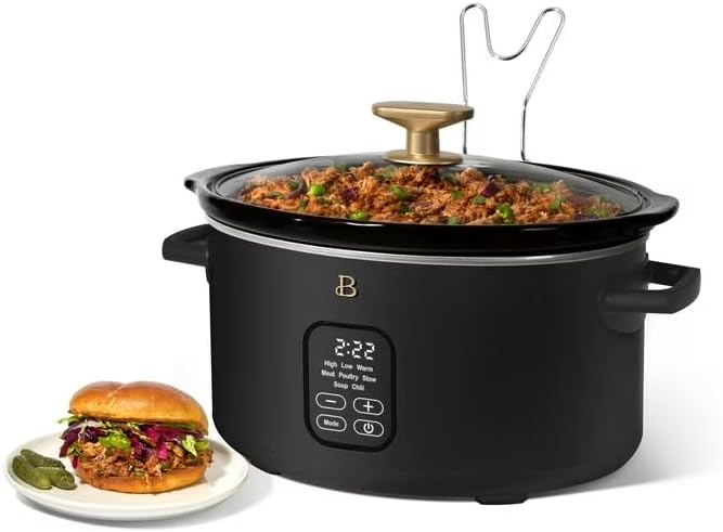 B 6 Qt Programmable Slow Cooker with Digital Timer, 5 Cooking Functions, Removable Ceramic Pot, Tempered Glass Lid, Dishwasher Safe (Black Sesame)