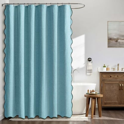 MIULEE Teal Scalloped Linen Shower Curtain 72x72 Inches