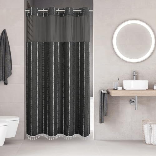 eachope No Hook Stall Shower Curtain with Snap-in Liner,54x80,Charcoal Grey