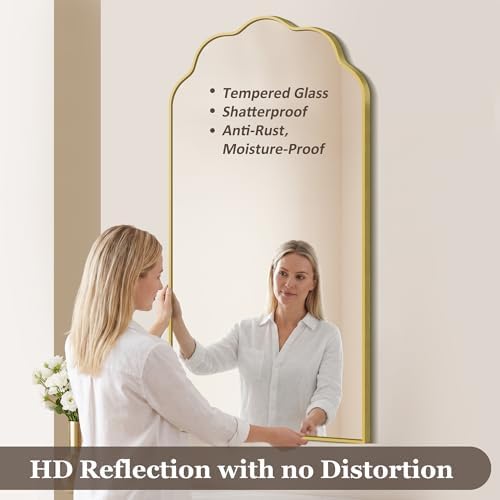 Gold Arched Mirror, 24×48Inch Scalloped Mirror for Bathroom, Wavy Wall Mounted Vanity Mirror with Aluminum Alloy Frame for Livingroom Bedroom and Entryway, Tempered Glass