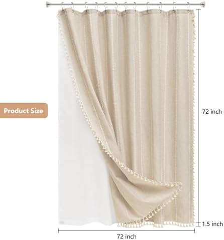 Seenus Boho Farmhouse Shower Curtain and Fabric Liner Set, Heavyweight Linen Textured Fabric Shower Curtain Beige with Tassels, 2 in 1 Waterproof Fabric Shower Curtain Set for Bathroom, 72x72 Inch