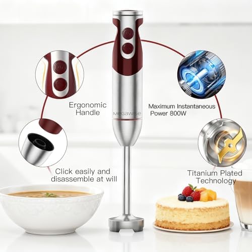 Megawise 3- in-1 Immersion Hand blender, Powerful MOTOR & Stainless Steel Stick Blender, 4 Sharp Blades with Whisk, Milk Frother Attachments