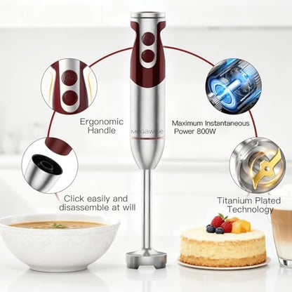 Megawise 3- in-1 Immersion Hand blender, Powerful MOTOR & Stainless Steel Stick Blender, 4 Sharp Blades with Whisk, Milk Frother Attachments