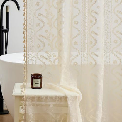 WAZZIO Vintage Lace Shower Curtain for Bathroom 72" W x 84" L, Victorian Farmhouse Floral Pattern Tassel Fancy Shower Curtain Boho Washable Cloth Decorative Bath Curtains,1 Panel