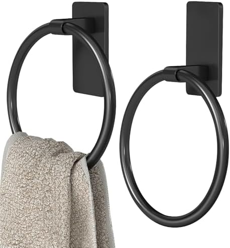 STWWO Black Hand Towel Holder for Bathroom, Adhesive Towel Rings, 2 Pack