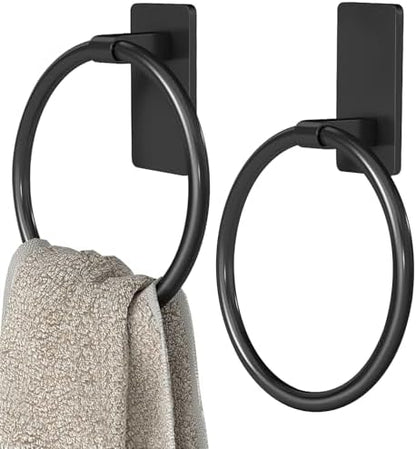 STWWO Black Hand Towel Holder for Bathroom, Adhesive Towel Rings, 2 Pack
