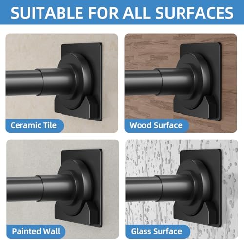 CorkLatta Matte Black Shower Curtain Rod,1 Inch Diameter Stainless Steel Adjustable Spring Tension Rods 32 to 92",with Holders,Anti-Slip,Curtain Rods No Drilling(1 Pack)