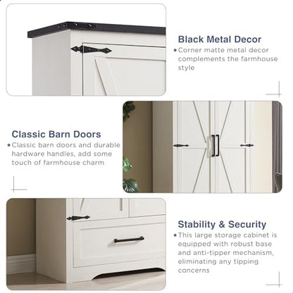 JXQTLINGMU Farmhouse Kitchen Pantry Cabinet - 72" Tall Wood Kitchen Storage Cabinets with Adjustable Shelves & 2 Barn Style Doors & Drawer, Versatile Storage for Dining Room, Bathroom, Antique White