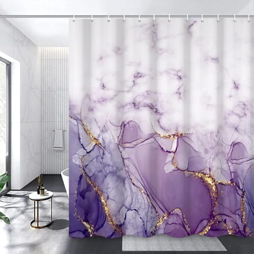Marble Shower Curtain, Ombre Purple Gold Ink Shower Curtains for Bathroom, Modern Abstract Aesthetic Bathtub Decor Waterproof Fabric Watercolor Bath Curtain Set with Hooks 72x84 inch