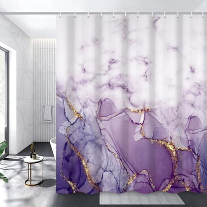Marble Shower Curtain, Ombre Purple Gold Ink Shower Curtains for Bathroom, Modern Abstract Aesthetic Bathtub Decor Waterproof Fabric Watercolor Bath Curtain Set with Hooks 66x72 inch