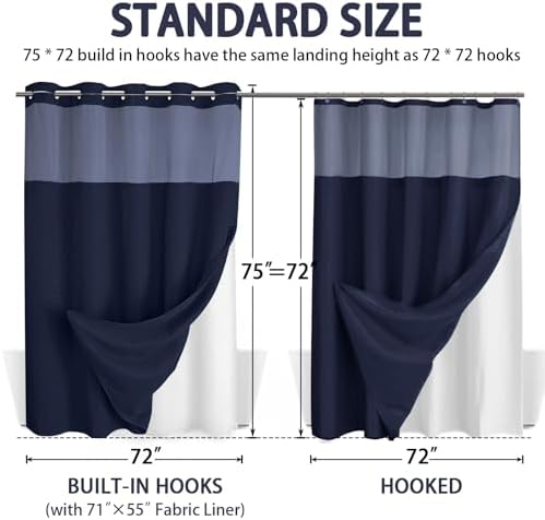 No Hook Shower Curtain with Liner Set Hotel Waffle Curtain Blue 72W X 75L