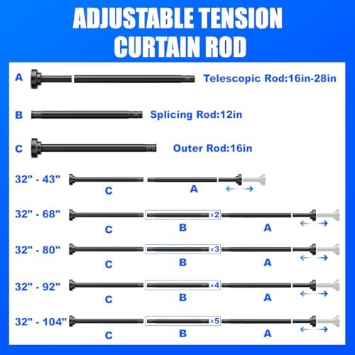 Ausemku Shower Curtain Rod - 32-43 Inch Rustproof Tension Rod, Non-Slip Spring Design, No Drilling Adjustable Curtain Rod for Bathroom, Kitchen, and Closet（Black）