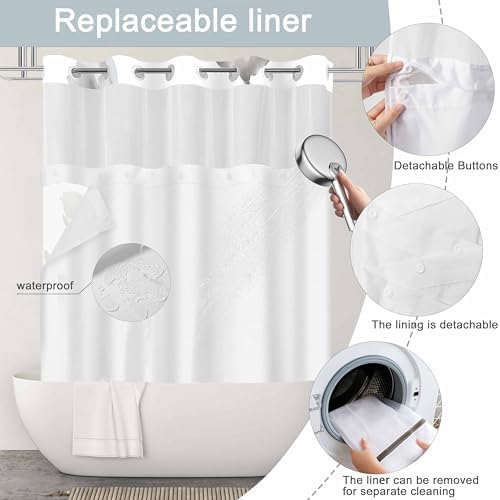 No Hook Shower Curtain and Liner Set, Blue Grey Boho Floral 71x74