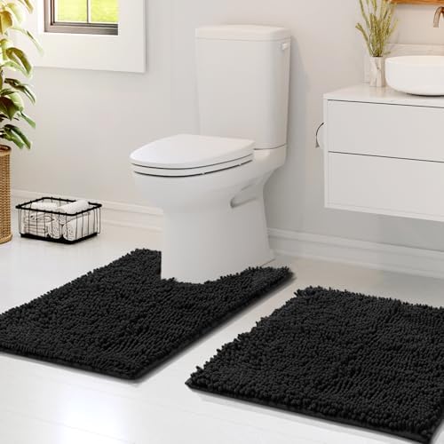 Hearth & Harbor Bathroom Rugs, Chenille Bath Mat - Machine Washable Bath Mats for Bathroom Non-Slip Backing Rubber, Quick Dry Bathroom Mat - Black 17x24-20x24