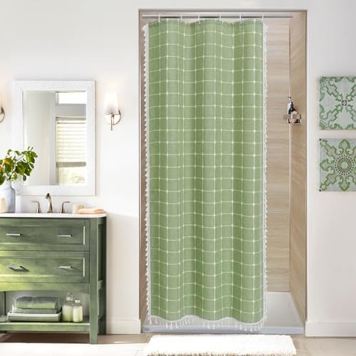 Boho Farmhouse Classic Plaid Linen Tassel Shower Curtain Sage Green,36x72