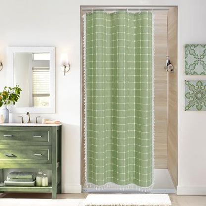 Boho Farmhouse Classic Plaid Linen Tassel Shower Curtain Sage Green,36x72