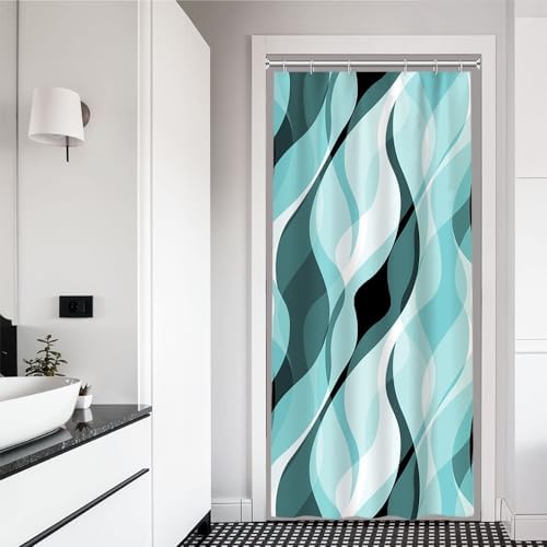 Teal Striped Stall Shower Curtain with Hooks, 36x72 Inch