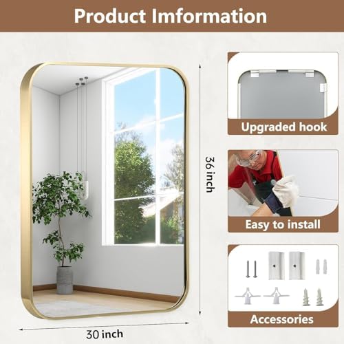 30x36 Inch Gold Bathroom Mirror, Brushed Brass Gold Metal Framed Rectangular Mirror with Rounded Corner, Bathroom Vanity Mirror for Bedroom or Living Room, Horizontal/Vertical