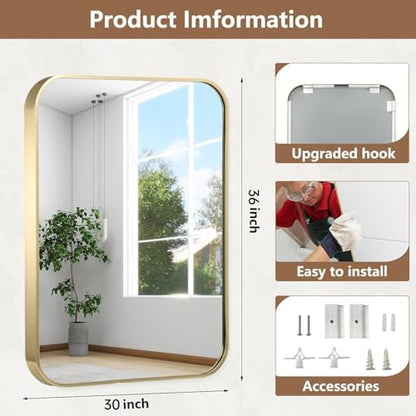 30x36 Inch Gold Bathroom Mirror, Brushed Brass Gold Metal Framed Rectangular Mirror with Rounded Corner, Bathroom Vanity Mirror for Bedroom or Living Room, Horizontal/Vertical