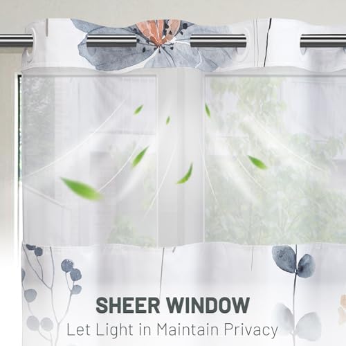 WITHLOC No Hook Floral Shower Curtain with Liner, Blue Beige, 54x80