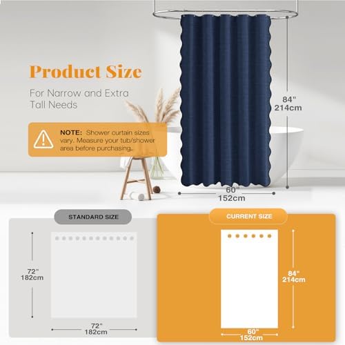 BTTN Boho Scalloped Linen Textured Cloth Shower Curtain, 60x84, Navy Blue