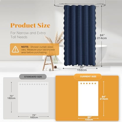 BTTN Boho Scalloped Linen Textured Cloth Shower Curtain, 60x84, Navy Blue
