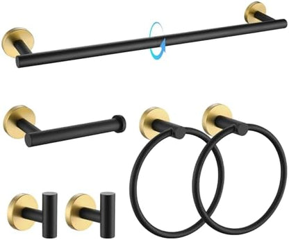 TQKAG Black and Gold Bathroom Hardware Set, 6-Piece Towel Bar Set 23.6 Inch