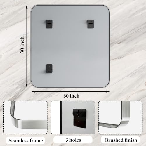 Bathroom Mirror for Wall, 30 Inch Square Mirror, Matte Silver Metal Framed Square Vanity Mirror for Bathroom Bedroom Living Room Entryway, Anti-Rust, Tempered Glass, Hanging or Leaning