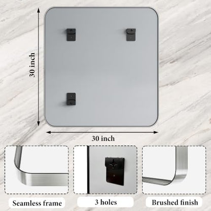 Bathroom Mirror for Wall, 30 Inch Square Mirror, Matte Silver Metal Framed Square Vanity Mirror for Bathroom Bedroom Living Room Entryway, Anti-Rust, Tempered Glass, Hanging or Leaning