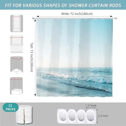 Ocean Beach Coastal Seaside Shower Curtain for Bathroom 72W*72H Inch Nautical Summer Seacoast Beachy Waves Bathtub Decor Seascape Neutral Waterproof Polyester Fabric Set with 12 Hooks