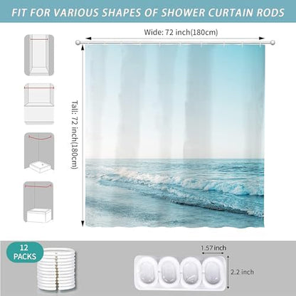 Ocean Beach Coastal Seaside Shower Curtain for Bathroom 72W*72H Inch Nautical Summer Seacoast Beachy Waves Bathtub Decor Seascape Neutral Waterproof Polyester Fabric Set with 12 Hooks