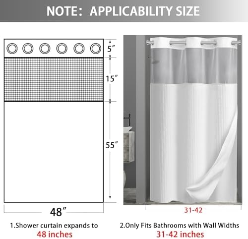 No Hook Shower Curtain with Liner Set Hotel Waffle Curtain White 48W X 75L