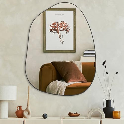 PERFNIQUE Irregular Asymmetrical Wall Mirror, 32"x24" Black Bathroom Mirror