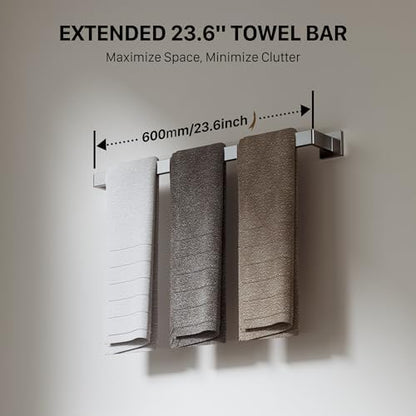 5-Piece Brushed Nickel Bathroom Accessories Set, 23.6 Inch Bathroom Hardware Set, Stainless Steel Bath Towel Bar Set, Toilet Paper Holder with Shelf, Towel Hooks, Towel Ring Wall Mounted