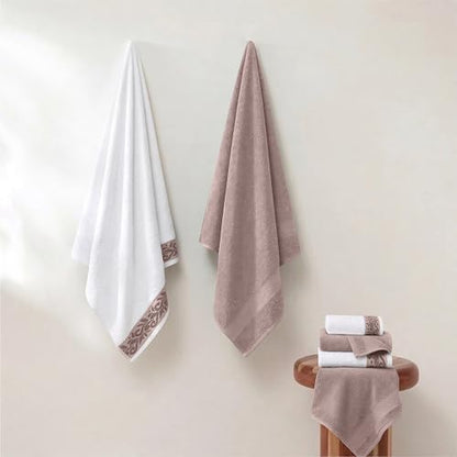 Modern Threads 6 Piece Bath Towel Set – Bathroom Towel Set with 2 Bath Towels, 2 Hand Towels & 2 Washcloths – 100% Cotton, Soft & Absorbent – Jacquard Border (Rose)