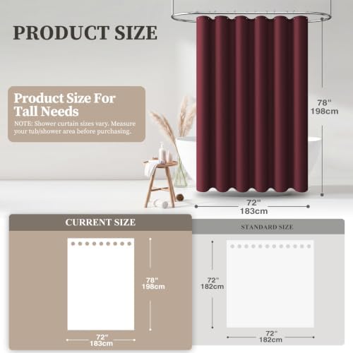 BTTN 72x78 Linen Textured Waterproof Fabric Shower Curtain Set, Burgundy