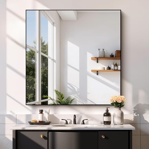 COFENY Black Bathroom Mirror for Wall, 39x39 Inch Square Mirror with Metal Frame, Black Modern Vanity Mirrors for Bathroom Sink, Living Room, Entryway Hangs Horizontal or Vertical