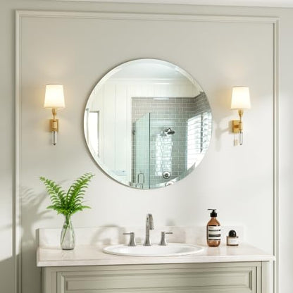 24 Inch Frameless Round Bathroom Mirror, Beveled Edge Wall Mirror, Modern Elegant Vanity Mirror for Bathroom Living Room Entryway