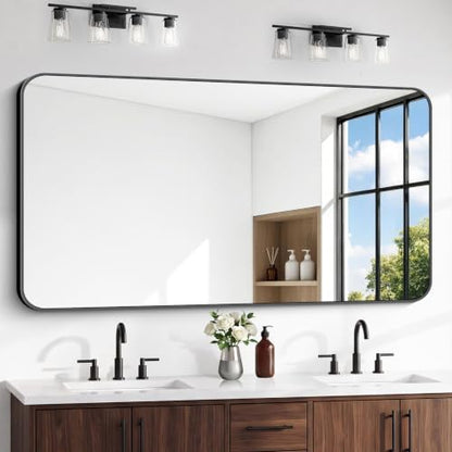 BONEWEI 66x36 inch Large Bathroom Mirror,Black Rectangle Mirror,Wall Mounted Bathroom Frame Vanity Mirror with Round Corner for Bedroom Living Room, Entryway Hangs Horizontal or Vertical